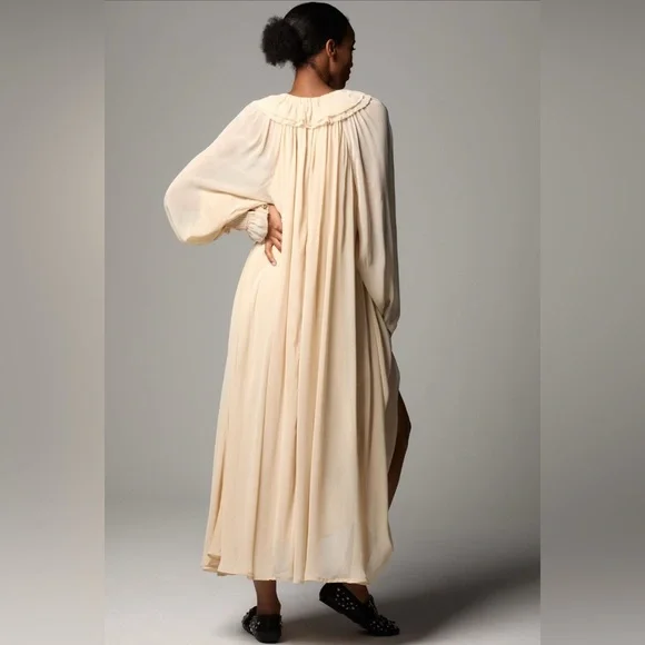 NWT ANTHROPOLOGIE Long Sleeve Sheer Pleated Maxi Dress Neutral‎ XS-M - Picture 2 of 16